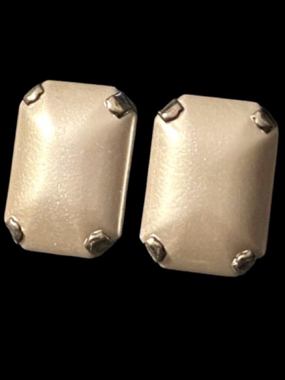 Vintage Silver Plated Rectangular Button Stud Earrings Retro MCM Boho Faux Pearl